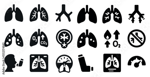 Respiratory health icons set – silhouette, filled, lung and breathing symbols collection