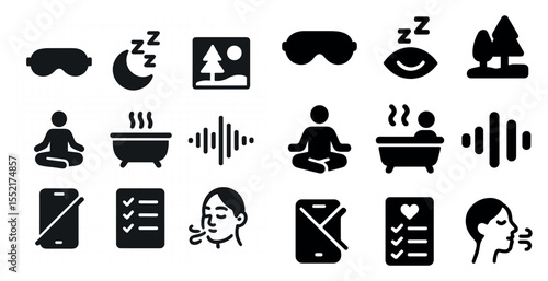 Relaxation and wellness solid icons set – filled, meditation, spa symbols