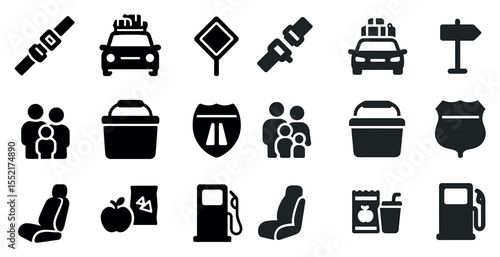 Transportation and safety solid icons set – travel, road signs, seatbelt symbols