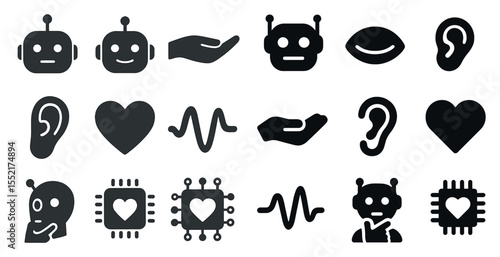 Artificial intelligence solid icons set – 3d, filled, machine learning and ai symbols