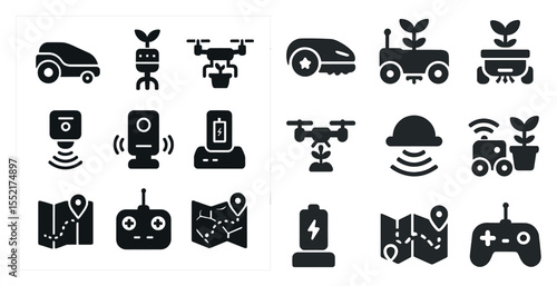 Smart agriculture silhouette icons set – solid, filled, farming and automation symbols