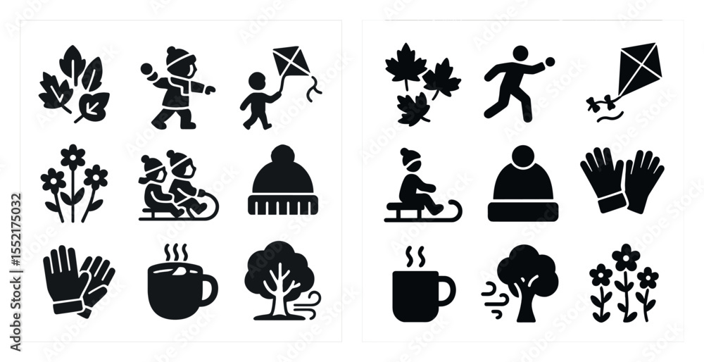 Fototapeta premium Winter activities silhouette icons set – solid, filled, cold season symbols