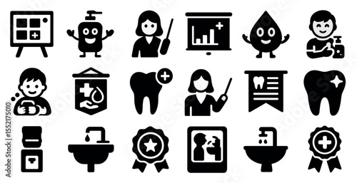 Dental care solid icons set – filled, oral health and hygiene symbols