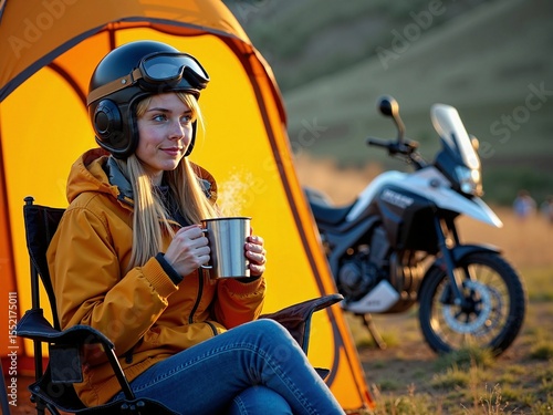 Freckled girl sipping tea by tent and motorcycle in sunset glow of peaceful travel evening