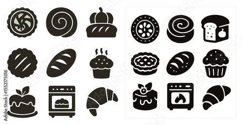 Baked goods silhouette icons set – dark, simple, bread and pastry symbols