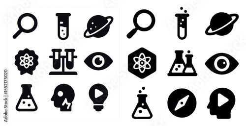 Science and research solid icons set – filled, laboratory, experiment symbols