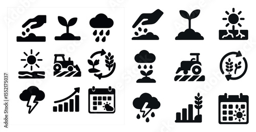 Agriculture and farming silhouette icons set – farming, crop, cultivation graphics