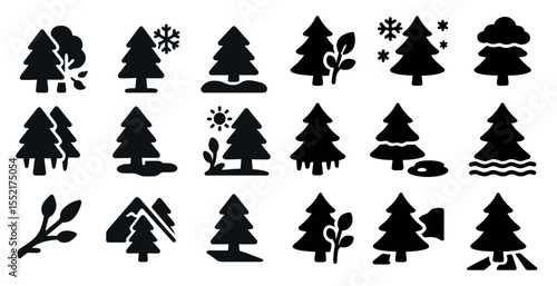 Nature and forest silhouette icons set – flat, solid, outdoor and wildlife symbols