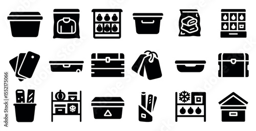 Storage and organization solid icons set – filled, home decluttering symbols