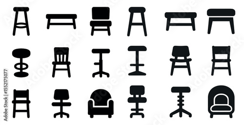 Furniture and seating silhouette icons set – solid, filled, home decor symbols