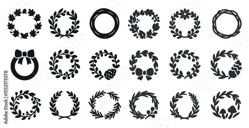 Floral wreath silhouette icons set – outline, botanical, decorative symbols