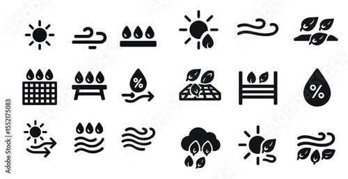 Weather elements solid icons set – filled, flat, climate and nature symbols