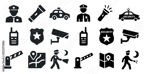 Security and surveillance solid icons set – safety, guard, protection symbols