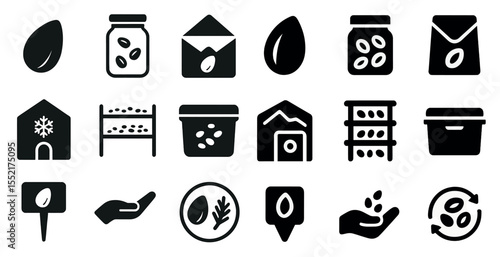 Seed preservation silhouette icons set: solid, filled, storage and conservation symbols