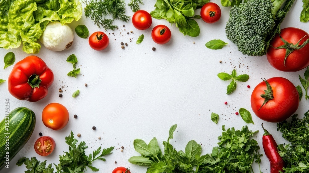 Fresh vegetables and herbs arranged on a white surface. Fresh vegetables and herbs arranged on a white surface.
