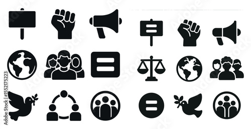 Social justice solid icons set – filled, silhouette, equality and activism symbols