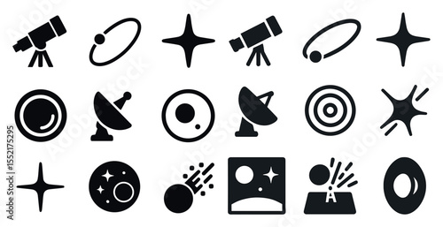 Space exploration solid icons set – flat, astronomical, celestial elements collection