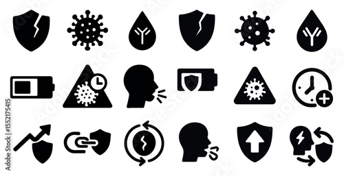 Virus protection and immunity solid icons set – health, safety, security symbols