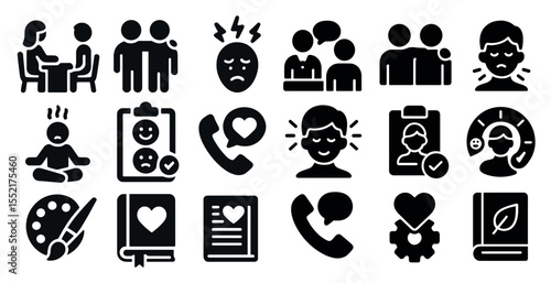 Mental health solid icons set – filled, wellness, therapy and support symbols