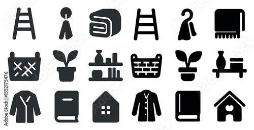 Home and decor solid icons set – filled, silhouette, interior design elements