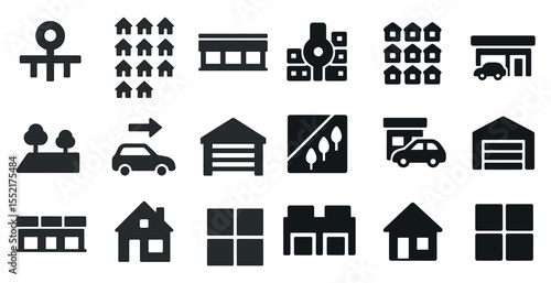Real estate solid icons set – filled, housing and property management symbols