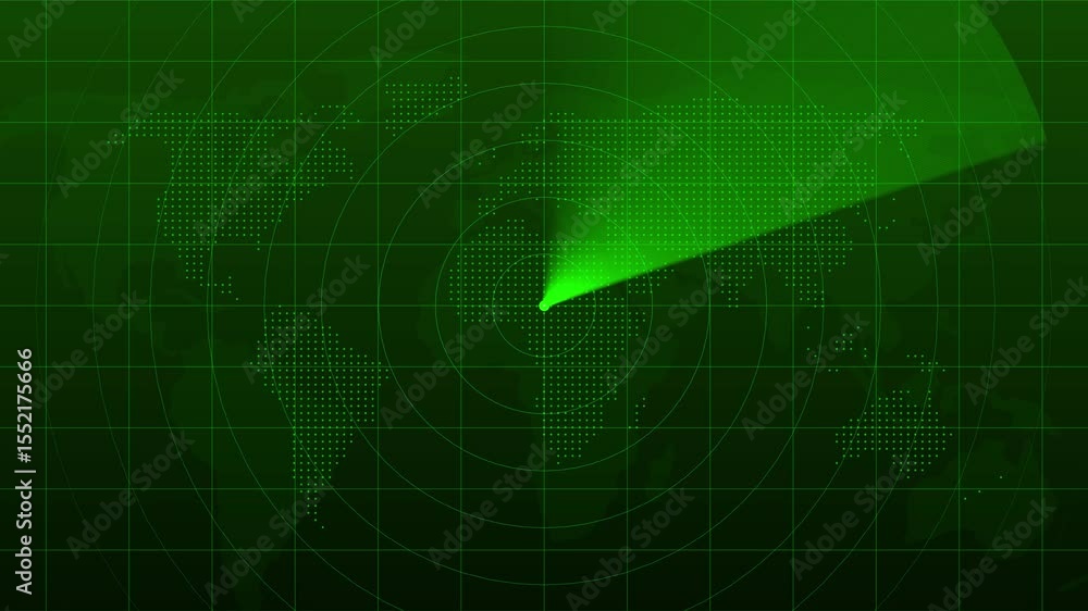green radar screen with stylized world map and scanning radar beam - circular grid and glowing dots digital display ,Loop able green radar screen, showing air traffic, navigation interface, seamless green radar screen with stylized world map and scanning radar beam - circular grid and glowing dots digital display ,Loop able green radar screen, showing air traffic, navigation interface, seamless
