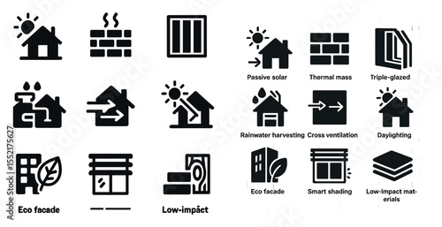 Sustainable architecture solid icons set – eco, passive solar, green building symbols