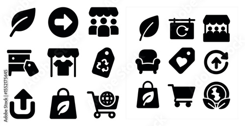 Eco-friendly shopping solid icons set – sustainable, green, marketplace symbols