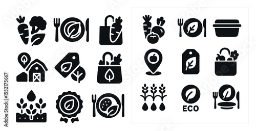 Organic food solid icons set – filled, eco, natural farming symbols