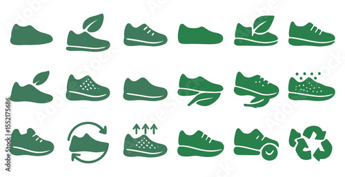 Sustainable footwear icons set – solid, silhouette, eco-friendly and green symbols
