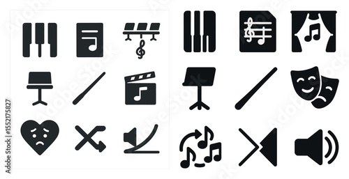 Music and theater solid icons set – filled, silhouette, performance and stage symbols