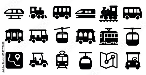 Transportation and travel silhouette icons set – solid, filled, transit symbols