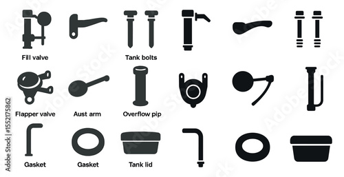 Plumbing solid icons set – bathroom, repair tools, home improvement symbols