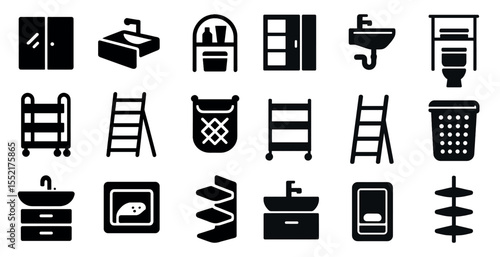 Home and bathroom solid icons set – silhouette, filled, interior design symbols