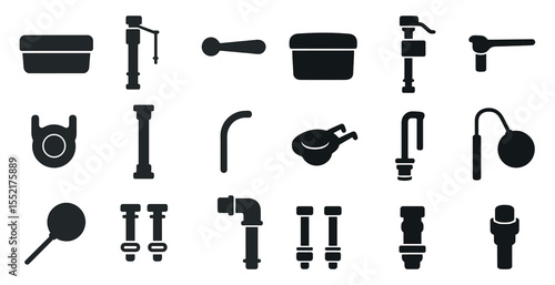 Plumbing solid icons set – flat, filled, water flow and pipe fittings