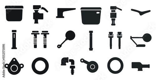 Plumbing tools solid icons set – flat, filled, pipe fittings and maintenance symbols