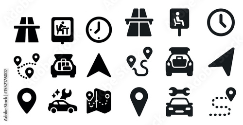 Navigation and travel icons set – solid, filled, direction and map symbols