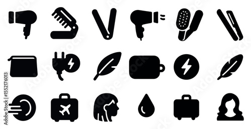 Hair styling tools silhouette icons set – salon, grooming, beauty essentials