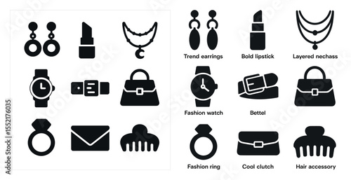 Fashion and accessory icons set – solid, filled, style and trend symbols