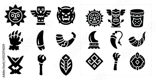 Ancient tribal solid icons set – filled, silhouette, cultural symbols
