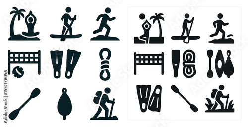 Outdoor adventure silhouette icons set – flat, filled, hiking and sport symbols