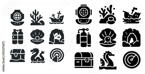 Underwater adventure icons set – solid, filled, marine and ocean exploration symbols