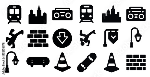 Urban and transport solid icons set – filled, city, travel and mobility graphics