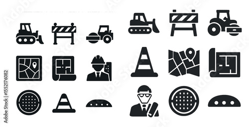 Construction and work solid icons set – filled, building, site management symbols