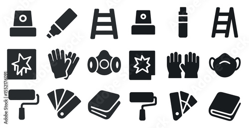 Painting and decorating solid icons set – flat, filled, design and renovation tools