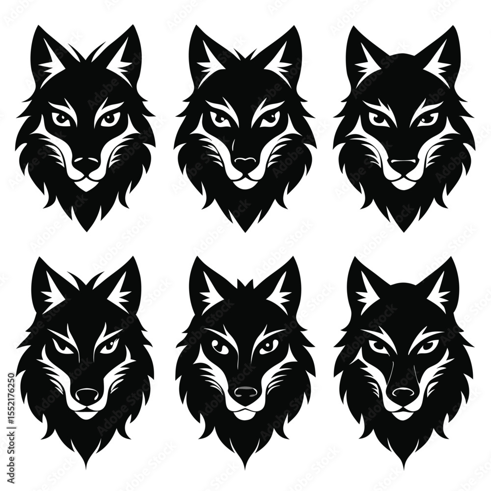Obraz premium Howling Wolf Head Vector Set – Stylized Wild Wolf Logo Illustration