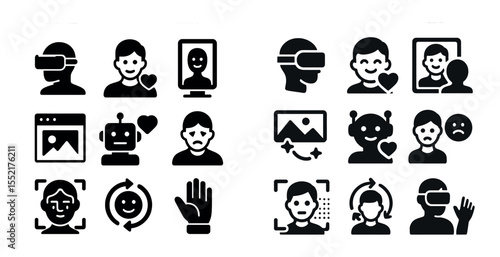 Virtual reality outline icons set – linear, digital communication, tech symbols