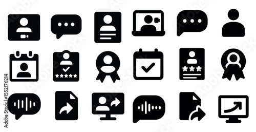 Communication and profile solid icons set – messaging, user, online interaction symbols