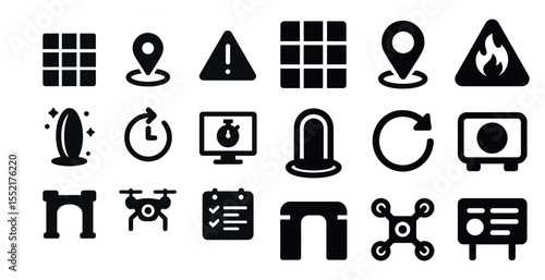 Location and navigation solid icons set – flat, filled, map and travel symbols