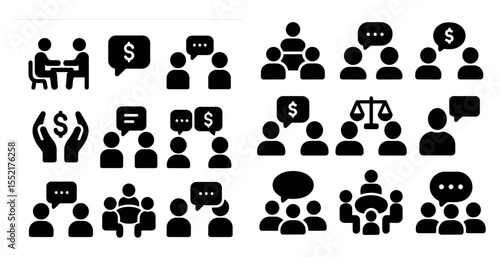 Business communication silhouette icons set – solid, filled, teamwork symbols